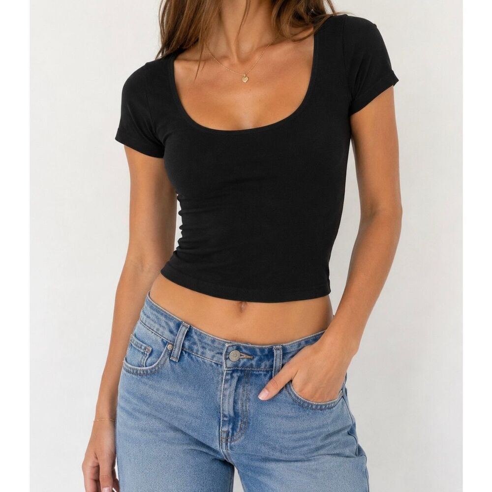 Brandy Melville Black Scoop Neck Baby Tee Fitted Minimalist Top